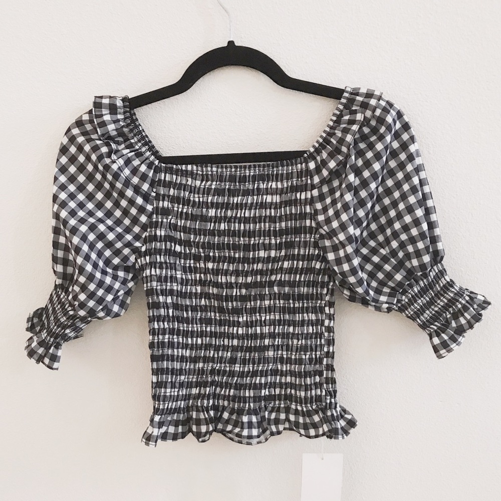 Gingham Checkered Puff Sleeve Top